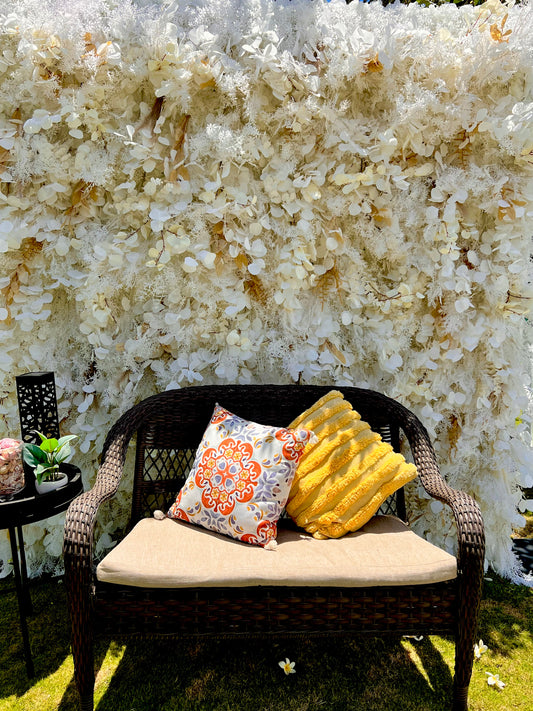 Bohemian-Chic Elegance: Bohemian Floral Wall in Creams, Whites, and Gilded Accents Flower Wall